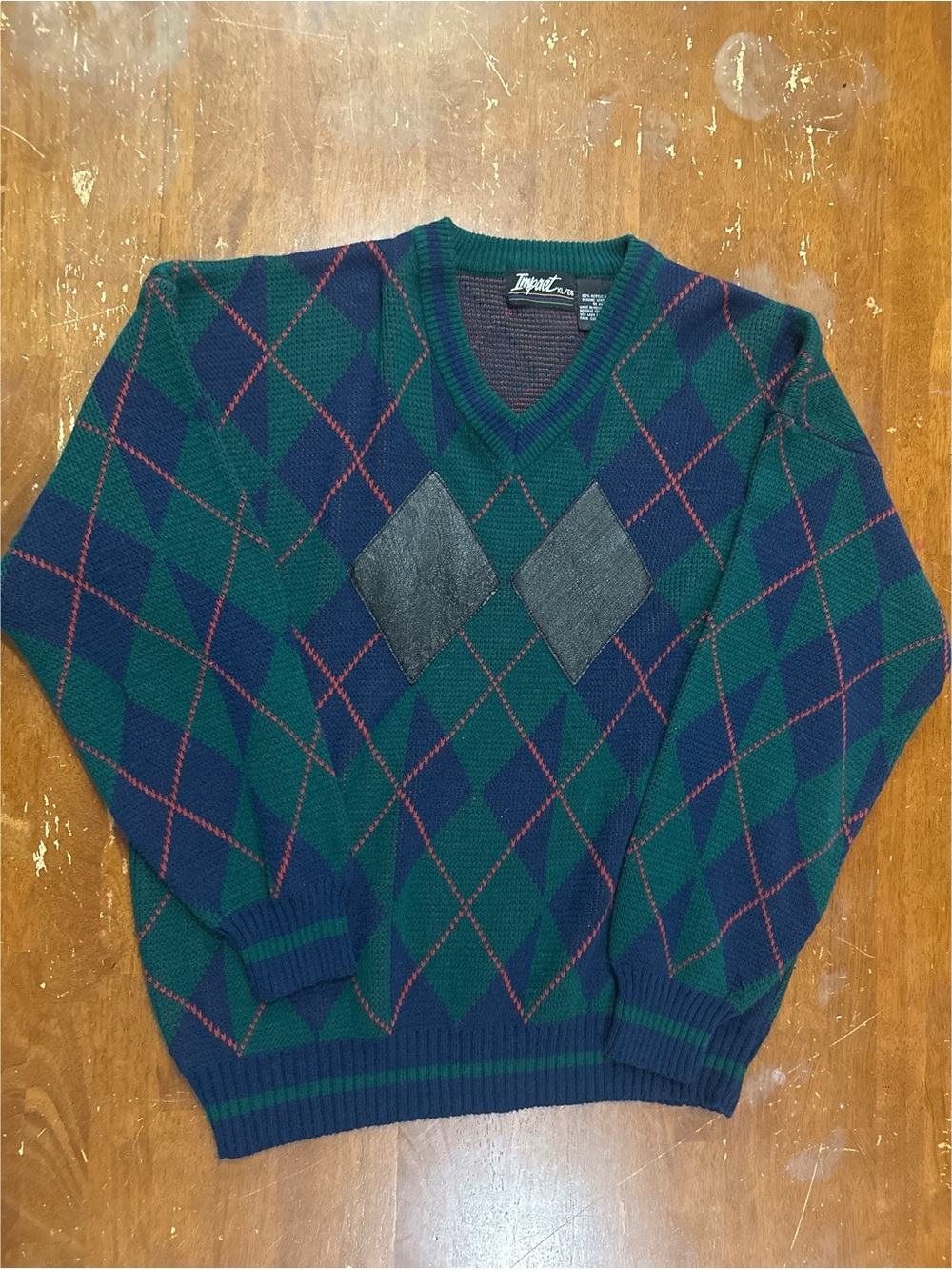 Impact Vintage Classic V-Neck Sweater with Leather Diamond Patches